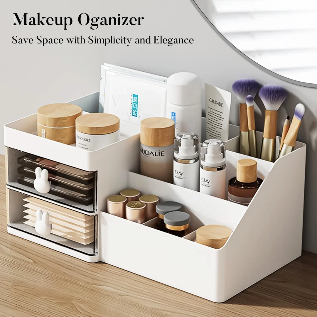 Multi Functional Desk Organizer with Drawer for Kids Office Table Makeup Cosmetic Storage Pen Holder Stand Plastic White Multi Slot Space Saving Desktop Organiser Box for Home Office Study Use image 2