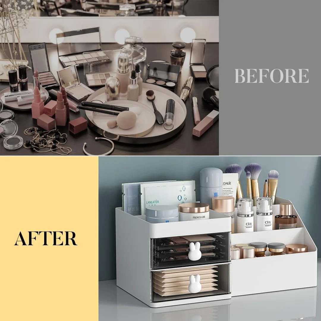 Multi Functional Desk Organizer with Drawer for Kids Office Table Makeup Cosmetic Storage Pen Holder Stand Plastic White Multi Slot Space Saving Desktop Organiser Box for Home Office Study Use image 3