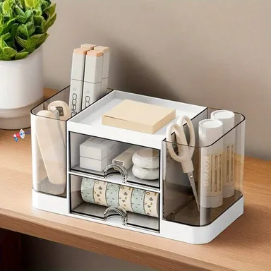 Pen Stand Desk Organizer with Drawer & Compartments for Office Study Table Holder for Pens Pencils Stationery Accessories Home Office Use thumbnail 2