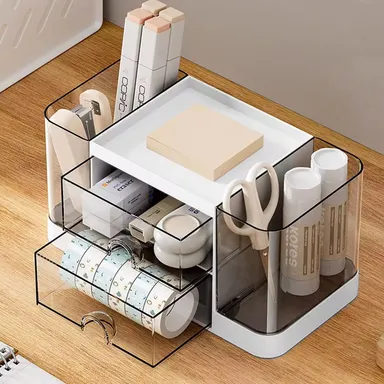 Pen Stand Desk Organizer with Drawer & Compartments for Office Study Table Holder for Pens Pencils Stationery Accessories Home Office Use thumbnail 3