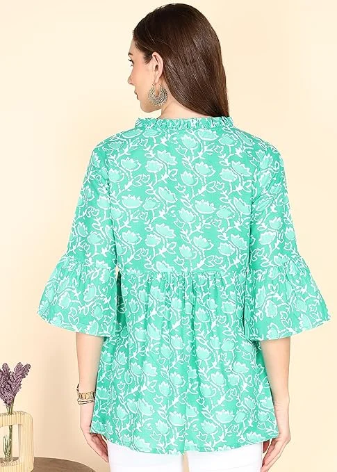 Stylistico Women Cotton Floral Print & Embroidered Long Tunic Top Kurti Style Ethnic Casual Daily Wear Breathable Soft Indian Western Fusion Topwear for Women Girls Green S image 2