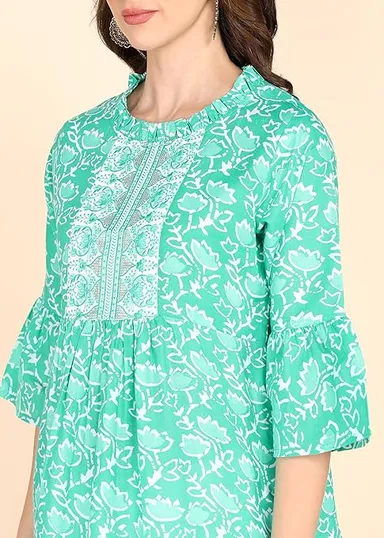 Stylistico Women Cotton Floral Print & Embroidered Long Tunic Top Kurti Style Ethnic Casual Daily Wear Breathable Soft Indian Western Fusion Topwear for Women Girls Green S thumbnail 3