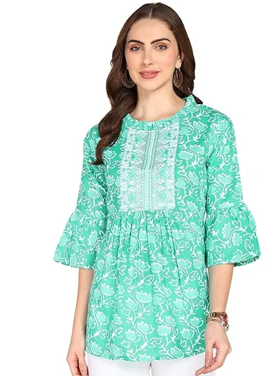 Stylistico Women Cotton Floral Print & Embroidered Long Tunic Top Kurti Style Ethnic Casual Daily Wear Breathable Soft Indian Western Fusion Topwear for Women Girls Green M thumbnail 0