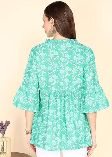 Stylistico Women Cotton Floral Print & Embroidered Long Tunic Top Kurti Style Ethnic Casual Daily Wear Breathable Soft Indian Western Fusion Topwear for Women Girls Green XL thumbnail 1