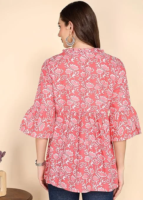 Stylistico Women Cotton Floral Print & Embroidered Long Tunic Top Kurti Style Ethnic Casual Daily Wear Breathable Soft Indian Western Fusion Topwear for Women Girls  Pink S image 2