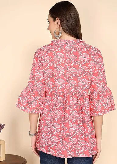 Stylistico Women Cotton Floral Print & Embroidered Long Tunic Top Kurti Style Ethnic Casual Daily Wear Breathable Soft Indian Western Fusion Topwear for Women Girls  Pink S thumbnail 1