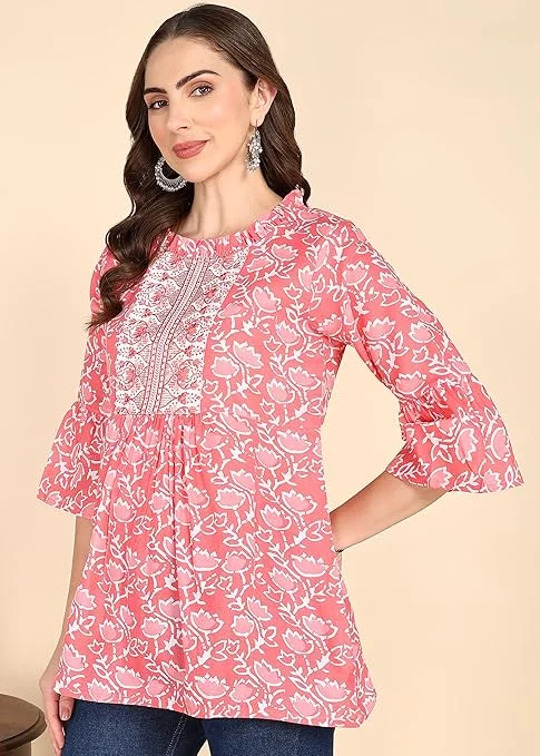 Stylistico Women Cotton Floral Print & Embroidered Long Tunic Top Kurti Style Ethnic Casual Daily Wear Breathable Soft Indian Western Fusion Topwear for Women Girls  Pink S image 3