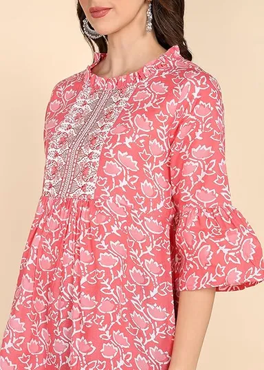 Stylistico Women Cotton Floral Print & Embroidered Long Tunic Top Kurti Style Ethnic Casual Daily Wear Breathable Soft Indian Western Fusion Topwear for Women Girls  Pink S thumbnail 3
