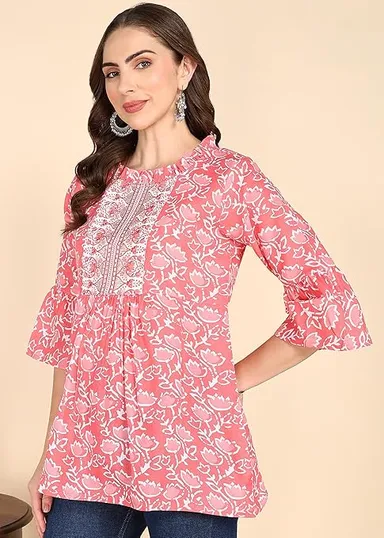 Stylistico Women Cotton Floral Print & Embroidered Long Tunic Top Kurti Style Ethnic Casual Daily Wear Breathable Soft Indian Western Fusion Topwear for Women Girls  Pink M thumbnail 2