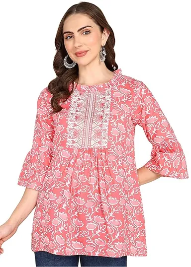 Stylistico Women Cotton Floral Print & Embroidered Long Tunic Top Kurti Style Ethnic Casual Daily Wear Breathable Soft Indian Western Fusion Topwear for Women Girls  Pink XXL thumbnail 0
