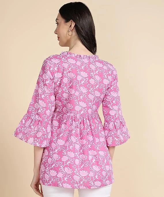 Stylistico Women Cotton Floral Print & Embroidered Long Tunic Top Kurti Style Ethnic Casual Daily Wear Breathable Soft Indian Western Fusion Topwear for Women Girls  Rani Pink S image 2