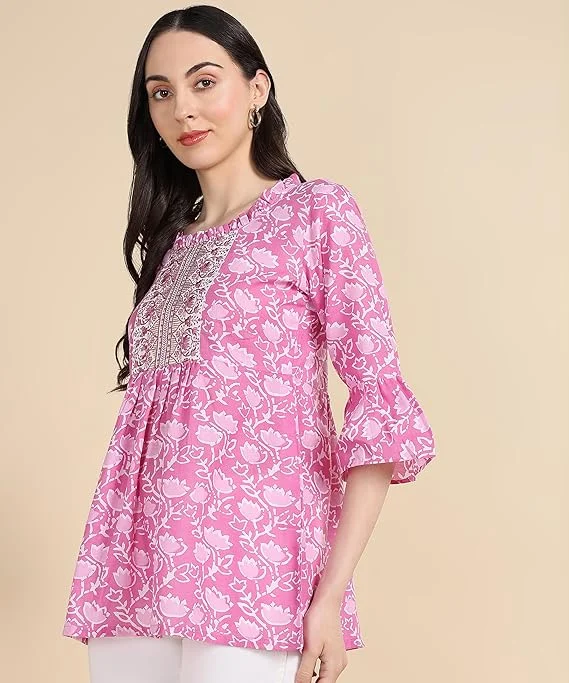 Stylistico Women Cotton Floral Print & Embroidered Long Tunic Top Kurti Style Ethnic Casual Daily Wear Breathable Soft Indian Western Fusion Topwear for Women Girls  Rani Pink S image 3