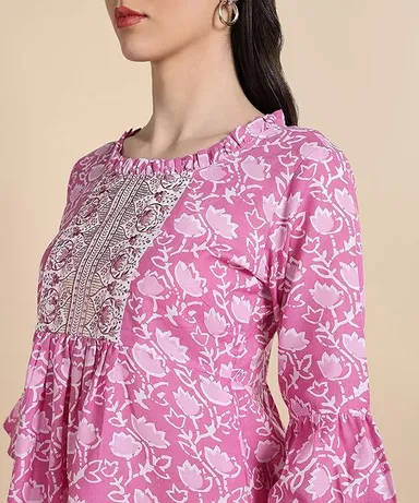 Stylistico Women Cotton Floral Print & Embroidered Long Tunic Top Kurti Style Ethnic Casual Daily Wear Breathable Soft Indian Western Fusion Topwear for Women Girls  Rani Pink XL thumbnail 3