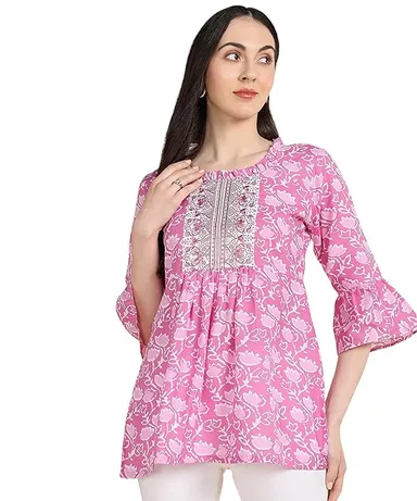 Stylistico Women Cotton Floral Print & Embroidered Long Tunic Top Kurti Style Ethnic Casual Daily Wear Breathable Soft Indian Western Fusion Topwear for Women Girls  Rani Pink XL thumbnail 0