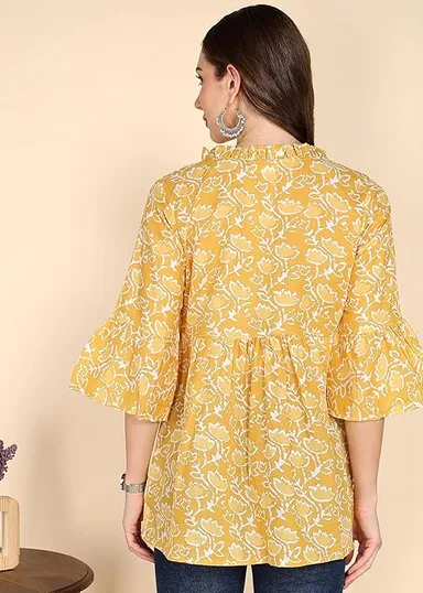 Stylistico Women Cotton Floral Print & Embroidered Long Tunic Top Kurti Style Ethnic Casual Daily Wear Breathable Soft Indian Western Fusion Topwear for Women Girls Yellow S thumbnail 1