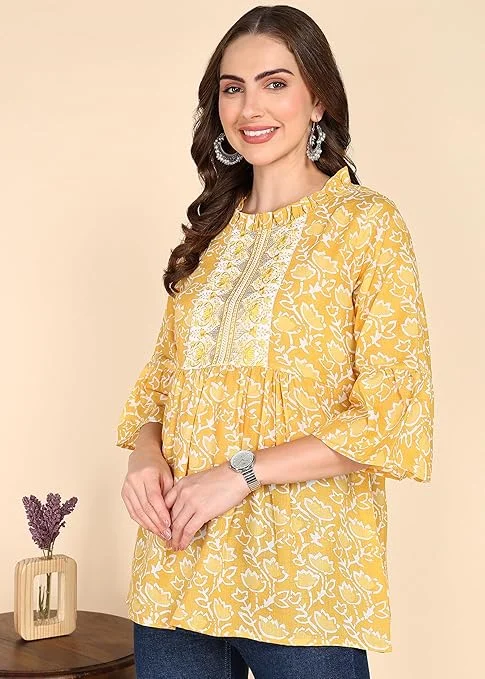 Stylistico Women Cotton Floral Print & Embroidered Long Tunic Top Kurti Style Ethnic Casual Daily Wear Breathable Soft Indian Western Fusion Topwear for Women Girls Yellow S image 3