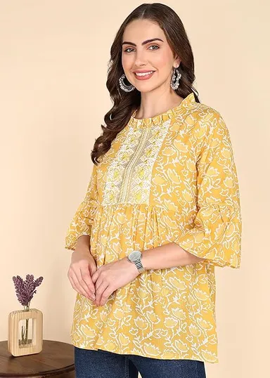 Stylistico Women Cotton Floral Print & Embroidered Long Tunic Top Kurti Style Ethnic Casual Daily Wear Breathable Soft Indian Western Fusion Topwear for Women Girls Yellow S thumbnail 2
