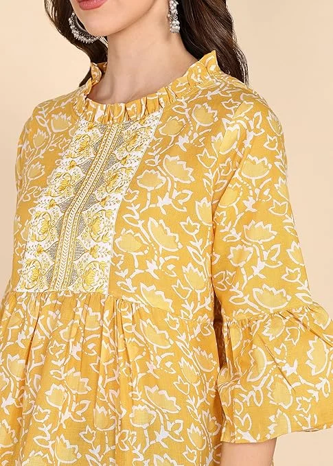 Stylistico Women Cotton Floral Print & Embroidered Long Tunic Top Kurti Style Ethnic Casual Daily Wear Breathable Soft Indian Western Fusion Topwear for Women Girls Yellow S image 4