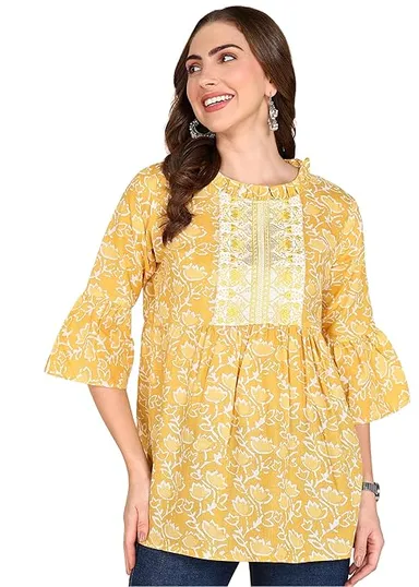Stylistico Women Cotton Floral Print & Embroidered Long Tunic Top Kurti Style Ethnic Casual Daily Wear Breathable Soft Indian Western Fusion Topwear for Women Girls Yellow XL thumbnail 0