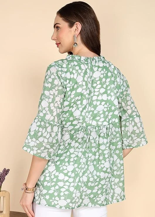 Stylistico Women Floral Print Embroidered Cotton Tunic Top Western Office Wear Peplum Style Regular Fit Full Sleeve Summer Casual Elegant Daily Wear Printed Tunic Tops Green L image 2
