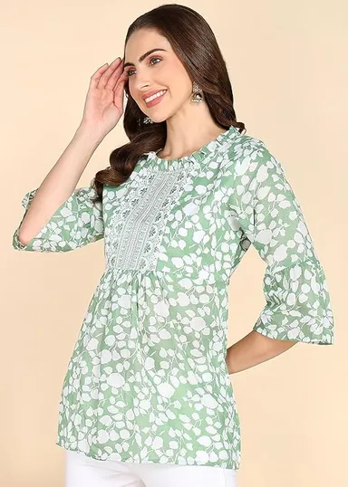Stylistico Women Floral Print Embroidered Cotton Tunic Top Western Office Wear Peplum Style Regular Fit Full Sleeve Summer Casual Elegant Daily Wear Printed Tunic Tops Green L thumbnail 2