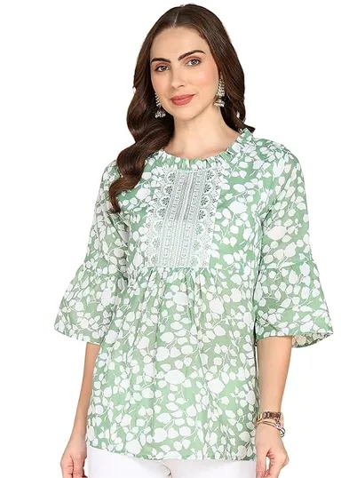 Stylistico Women Floral Print Embroidered Cotton Tunic Top Western Office Wear Peplum Style Regular Fit Full Sleeve Summer Casual Elegant Daily Wear Printed Tunic Tops Green XXL thumbnail 0