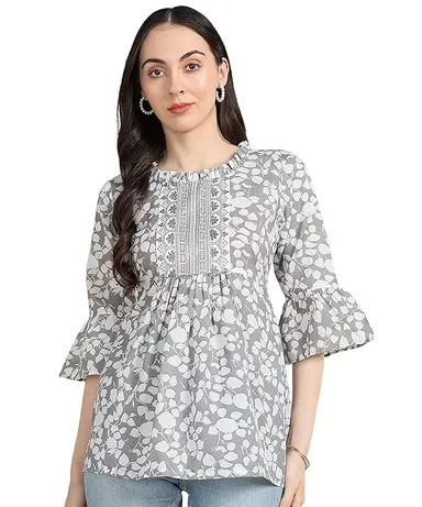 Stylistico Women Floral Print Embroidered Cotton Tunic Top Western Office Wear Peplum Style Regular Fit Full Sleeve Summer Casual Elegant Daily Wear Printed Tunic Tops  Grey M thumbnail 0