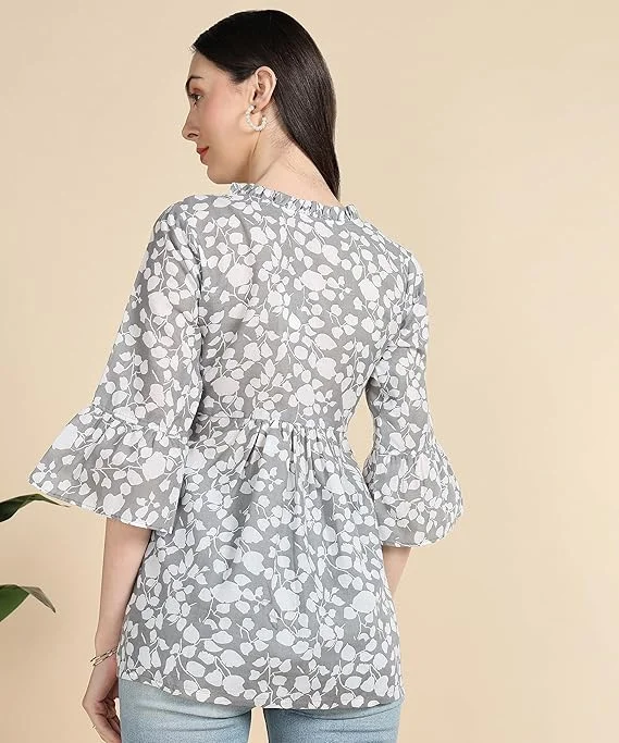 Stylistico Women Floral Print Embroidered Cotton Tunic Top Western Office Wear Peplum Style Regular Fit Full Sleeve Summer Casual Elegant Daily Wear Printed Tunic Tops  Grey L image 2