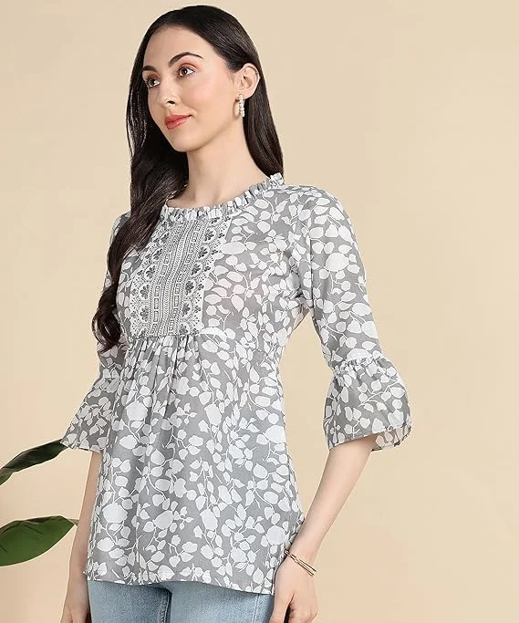 Stylistico Women Floral Print Embroidered Cotton Tunic Top Western Office Wear Peplum Style Regular Fit Full Sleeve Summer Casual Elegant Daily Wear Printed Tunic Tops  Grey L image 3