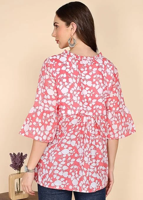 Stylistico Women Floral Print Embroidered Cotton Tunic Top Western Office Wear Peplum Style Regular Fit Full Sleeve Summer Casual Elegant Daily Wear Printed Tunic Tops Pink S image 2