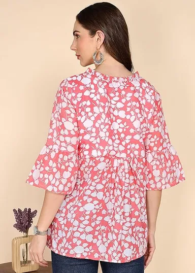 Stylistico Women Floral Print Embroidered Cotton Tunic Top Western Office Wear Peplum Style Regular Fit Full Sleeve Summer Casual Elegant Daily Wear Printed Tunic Tops Pink M thumbnail 1
