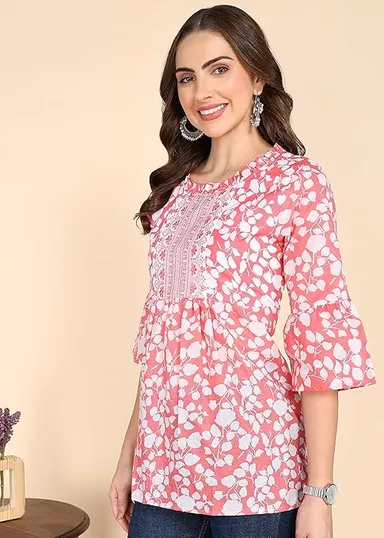 Stylistico Women Floral Print Embroidered Cotton Tunic Top Western Office Wear Peplum Style Regular Fit Full Sleeve Summer Casual Elegant Daily Wear Printed Tunic Tops Pink L thumbnail 2
