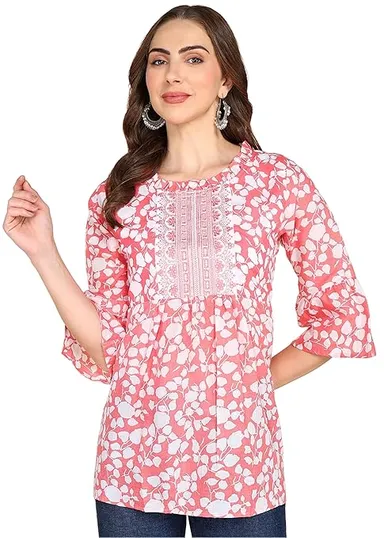 Stylistico Women Floral Print Embroidered Cotton Tunic Top Western Office Wear Peplum Style Regular Fit Full Sleeve Summer Casual Elegant Daily Wear Printed Tunic Tops Pink L thumbnail 0