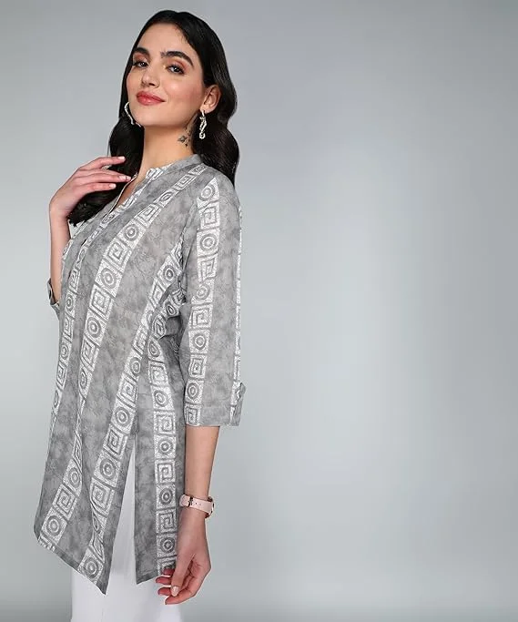 Stylistico Women’s Cotton A-Line Ethnic Short Kurti Printed Summer Wear Regular Fit Full Sleeve Office Casual Daily Wear Tunic Top Latest Design  Grey M image 3