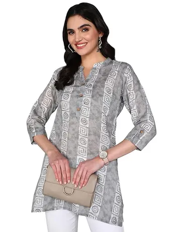 Stylistico Women’s Cotton A-Line Ethnic Short Kurti Printed Summer Wear Regular Fit Full Sleeve Office Casual Daily Wear Tunic Top Latest Design  Grey L thumbnail 0