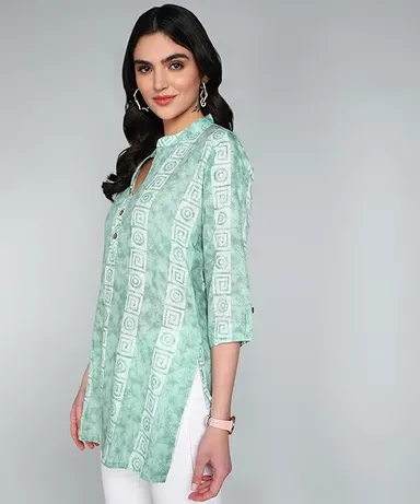 Stylistico Women’s Cotton A-Line Ethnic Short Kurti Printed Summer Wear Regular Fit Full Sleeve Office Casual Daily Wear Tunic Top Latest Design Mint Green M thumbnail 2