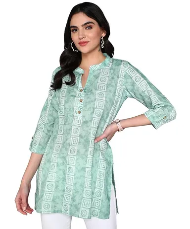 Stylistico Women’s Cotton A-Line Ethnic Short Kurti Printed Summer Wear Regular Fit Full Sleeve Office Casual Daily Wear Tunic Top Latest Design Mint Green L thumbnail 0