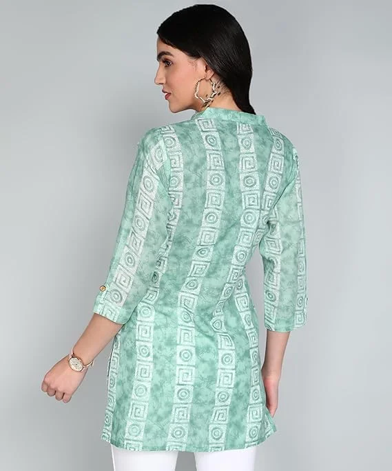 Stylistico Women’s Cotton A-Line Ethnic Short Kurti Printed Summer Wear Regular Fit Full Sleeve Office Casual Daily Wear Tunic Top Latest Design Mint Green XXL image 2