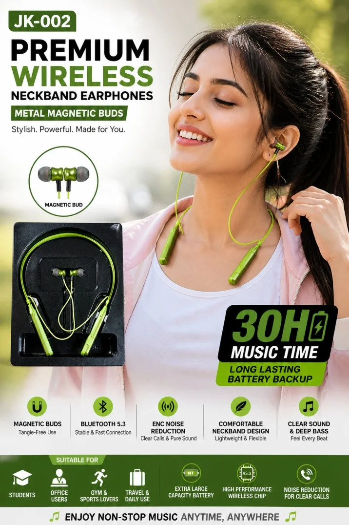 Premium Wireless Neckband Earphones JK-002 with Magnetic Buds & 30H Battery image 2
