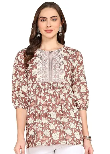 Stylistico Women Floral Print Embroidered Cotton Tunic Top Summer Western Office Wear Peplum Regular Fit Full Sleeve Casual Daily Wear Stylish Long Kurti Top  Brown S thumbnail 0