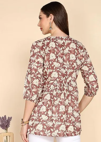 Stylistico Women Floral Print Embroidered Cotton Tunic Top Summer Western Office Wear Peplum Regular Fit Full Sleeve Casual Daily Wear Stylish Long Kurti Top  Brown M thumbnail 1