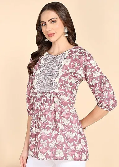 Stylistico Women Floral Print Embroidered Cotton Tunic Top Summer Western Office Wear Peplum Regular Fit Full Sleeve Casual Daily Wear Stylish Long Kurti Top Purple S thumbnail 2