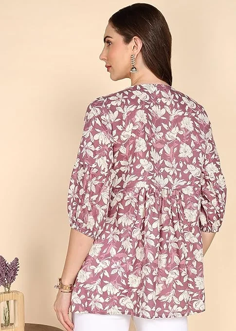 Stylistico Women Floral Print Embroidered Cotton Tunic Top Summer Western Office Wear Peplum Regular Fit Full Sleeve Casual Daily Wear Stylish Long Kurti Top Purple M image 2