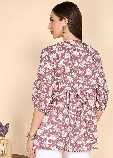 Stylistico Women Floral Print Embroidered Cotton Tunic Top Summer Western Office Wear Peplum Regular Fit Full Sleeve Casual Daily Wear Stylish Long Kurti Top Purple M thumbnail 1