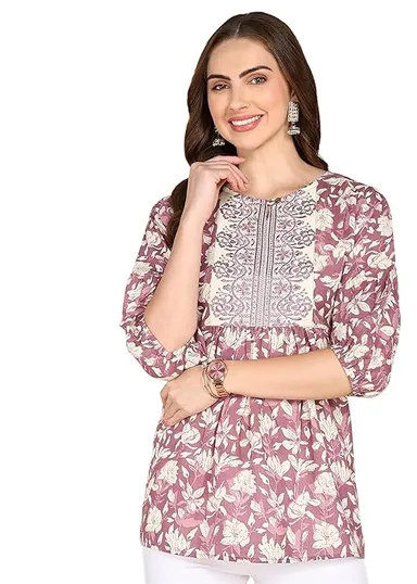 Stylistico Women Floral Print Embroidered Cotton Tunic Top Summer Western Office Wear Peplum Regular Fit Full Sleeve Casual Daily Wear Stylish Long Kurti Top Purple XXL thumbnail 0