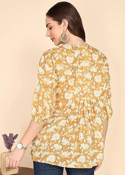 Stylistico Women Floral Print Embroidered Cotton Tunic Top Summer Western Office Wear Peplum Regular Fit Full Sleeve Casual Daily Wear Stylish Long Kurti Top  Yellow S image 2