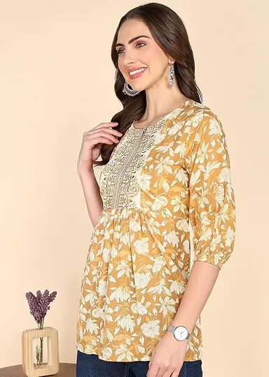 Stylistico Women Floral Print Embroidered Cotton Tunic Top Summer Western Office Wear Peplum Regular Fit Full Sleeve Casual Daily Wear Stylish Long Kurti Top  Yellow S thumbnail 2