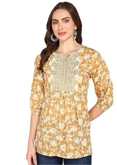 Stylistico Women Floral Print Embroidered Cotton Tunic Top Summer Western Office Wear Peplum Regular Fit Full Sleeve Casual Daily Wear Stylish Long Kurti Top  Yellow XXL thumbnail 0