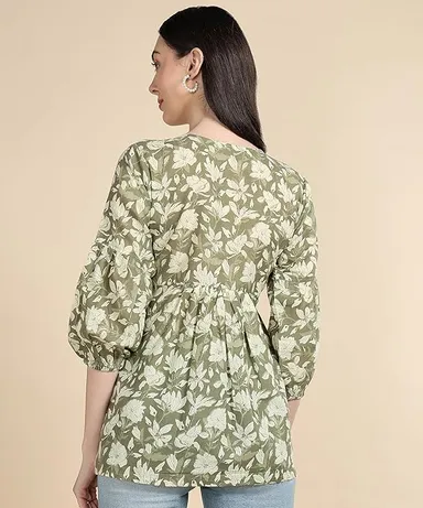 Stylistico Women Floral Print Embroidered Cotton Tunic Top Summer Western Office Wear Peplum Regular Fit Full Sleeve Casual Daily Wear Stylish Long Kurti Top Green S thumbnail 1