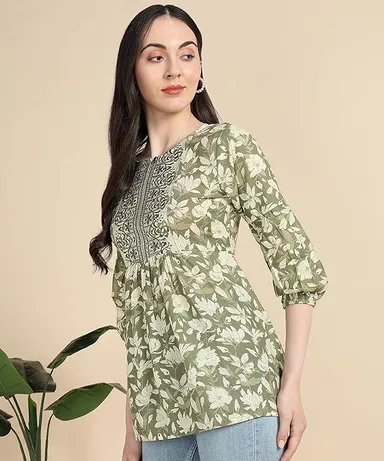 Stylistico Women Floral Print Embroidered Cotton Tunic Top Summer Western Office Wear Peplum Regular Fit Full Sleeve Casual Daily Wear Stylish Long Kurti Top Green L thumbnail 2